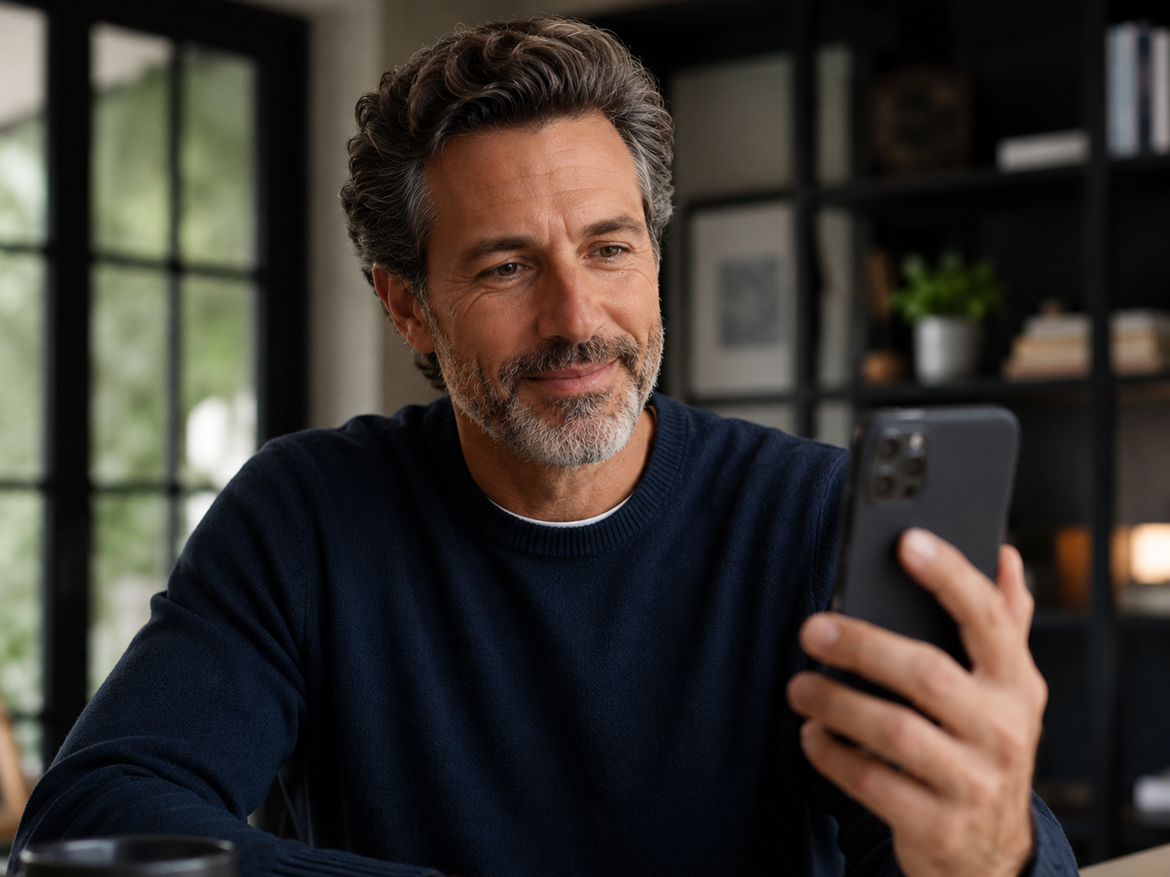 A man reviewing his telehealth consultation on his phone at home.