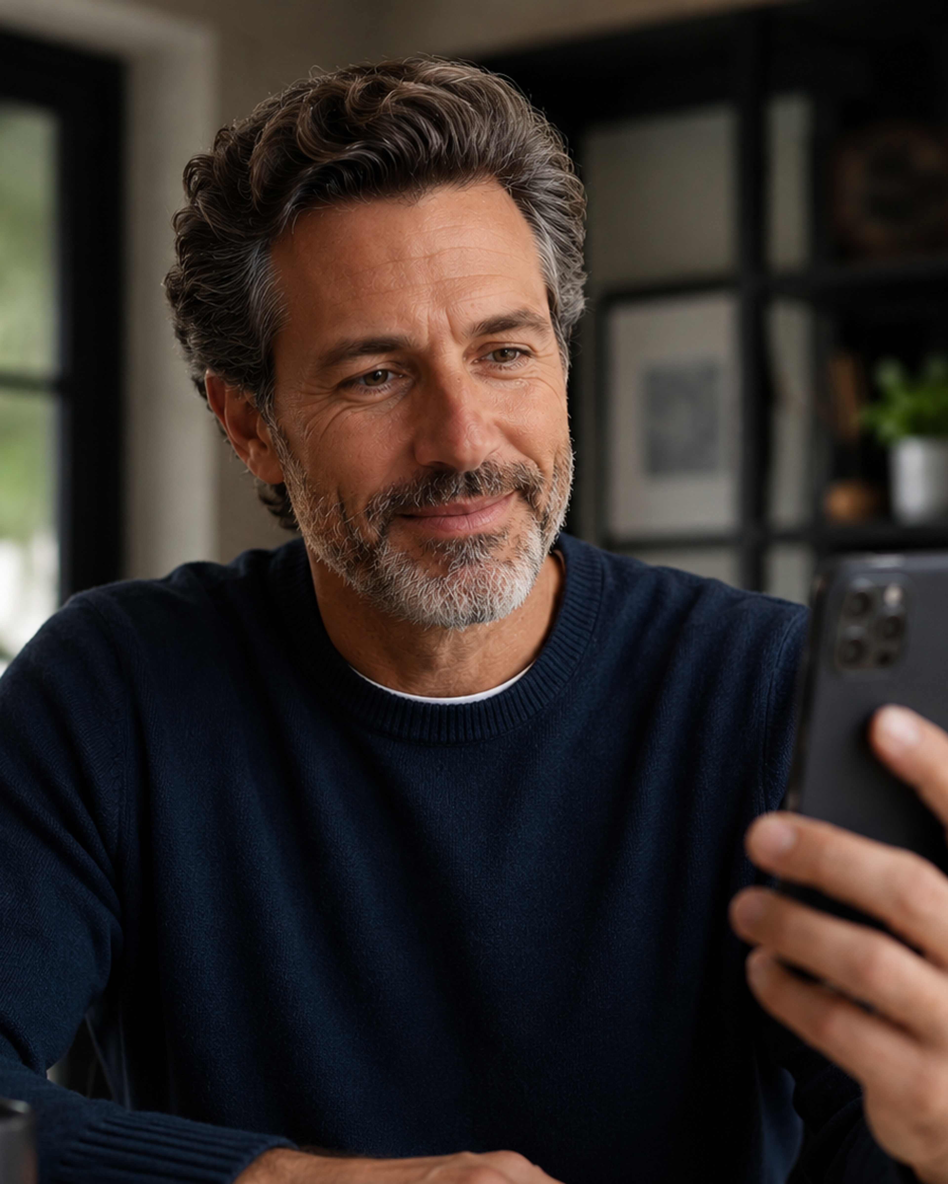 A man reviewing his telehealth consultation on his phone at home.