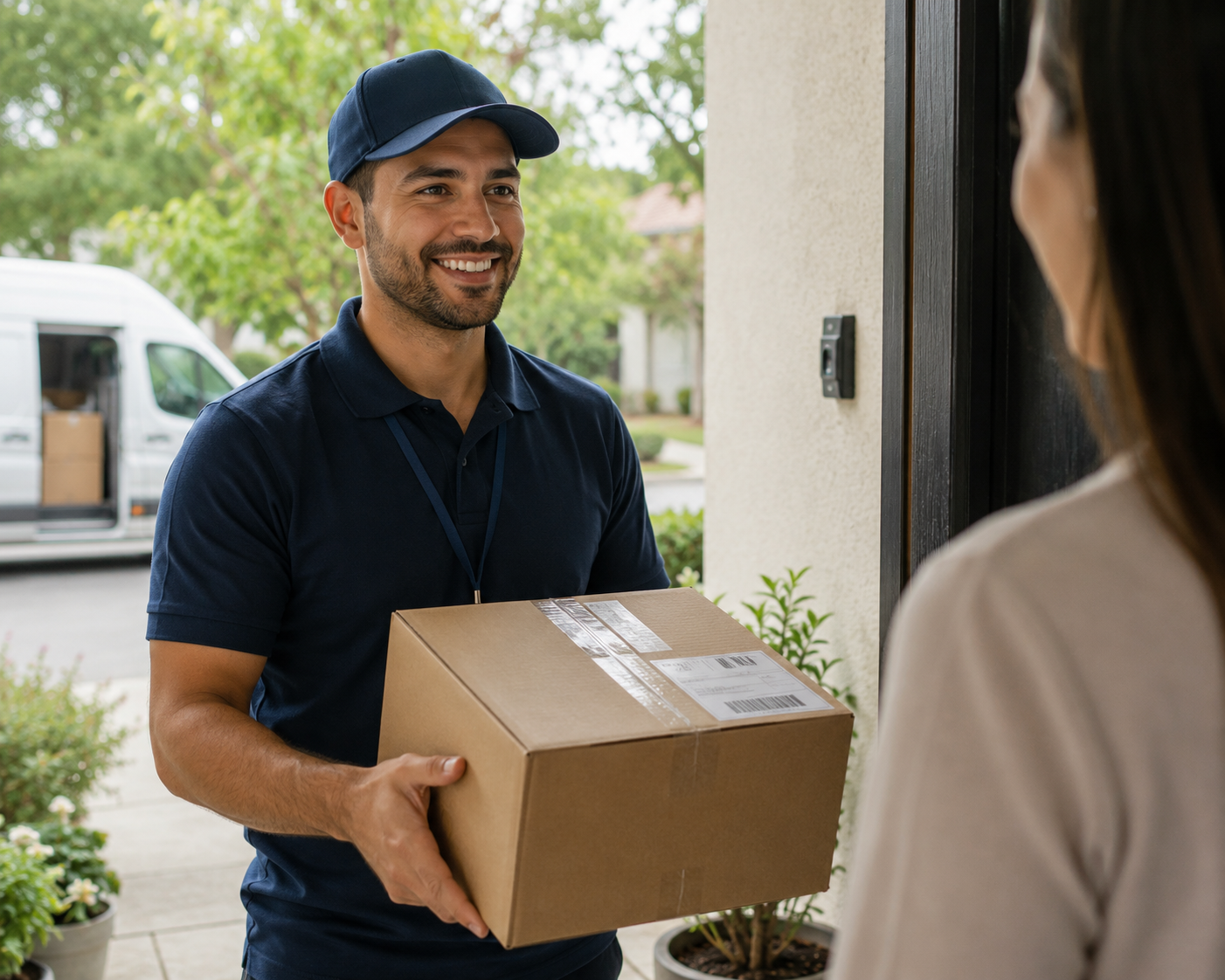 A delivery person handing a packaged medication box to a patient at her door.
