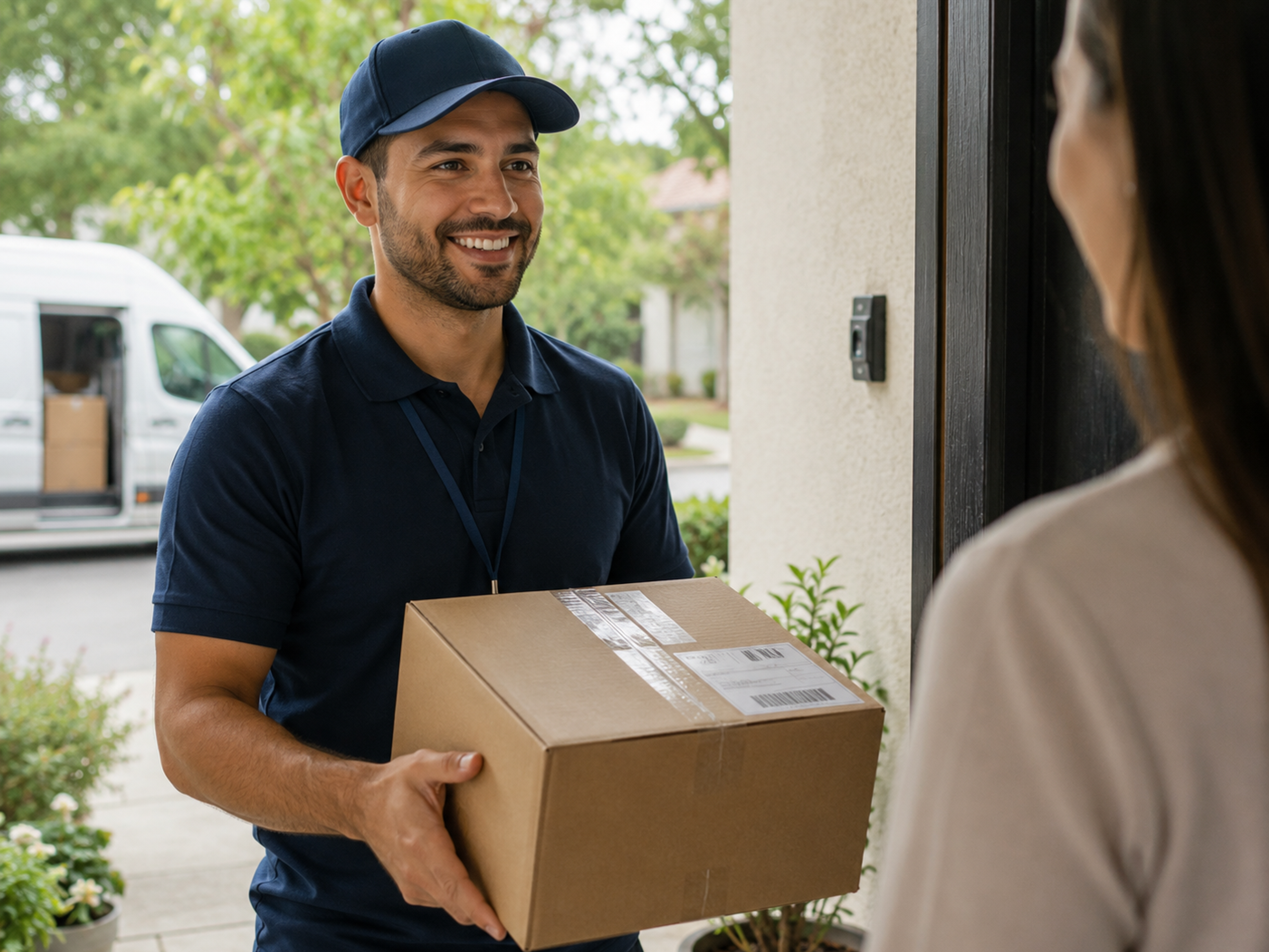 A delivery person handing a packaged medication box to a patient at her door.